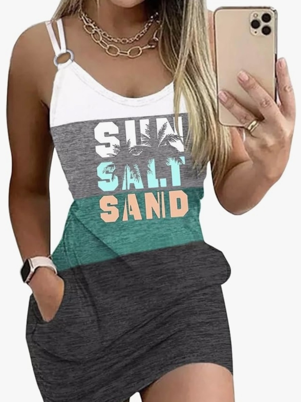 Colorblock Ring-Strap Mini Dress in Teal, Charcoal & White - Unbranded
